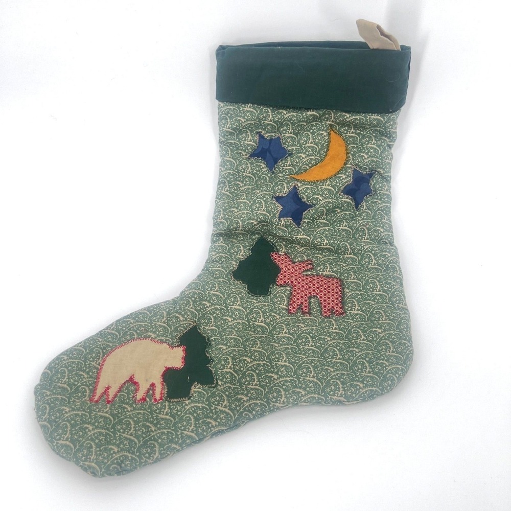 Christmas Stocking Quilted Applique Moon Stars Forest Animals Holiday Decor